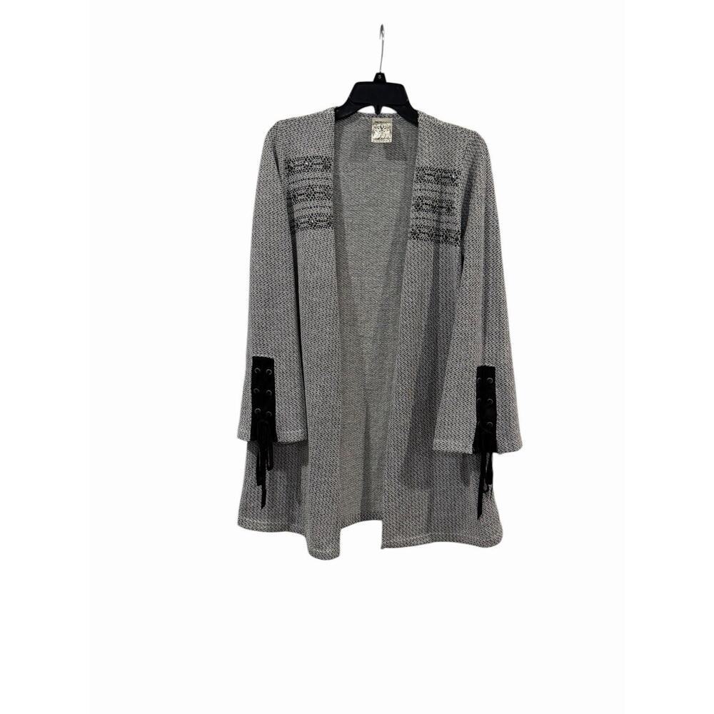 Vocal Open Front Gray Black Cardigan Women’s Small Lace Up Detail Embellished